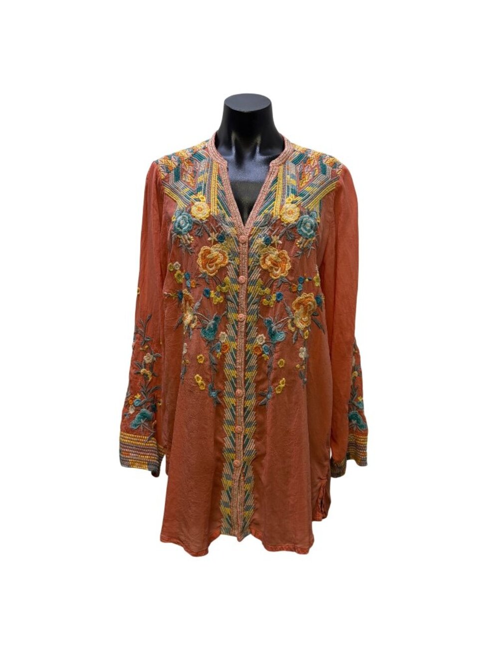 Johnny Was Embroidered Tunic Blouse Orange Multi Long Sleeve L